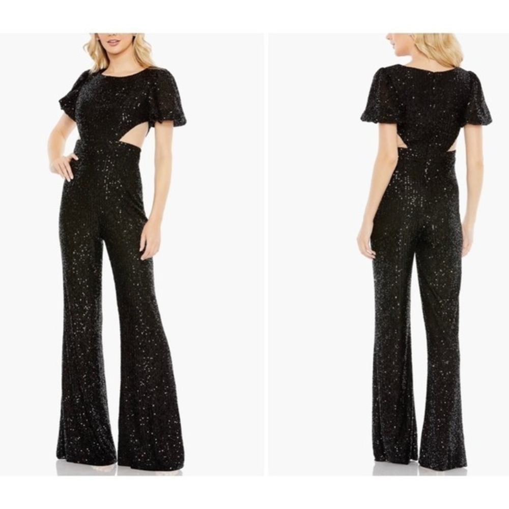 Ieena for Mac Duggal Black Sequin Cutout Wide Leg Jumpsuit 11273 Size 0 NEW